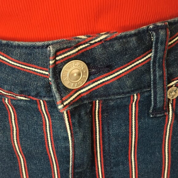 American Eagle Striped Mini Skirt 6 Red White Blue Super Stretch Denim Cut Off - Picture 3 of 12